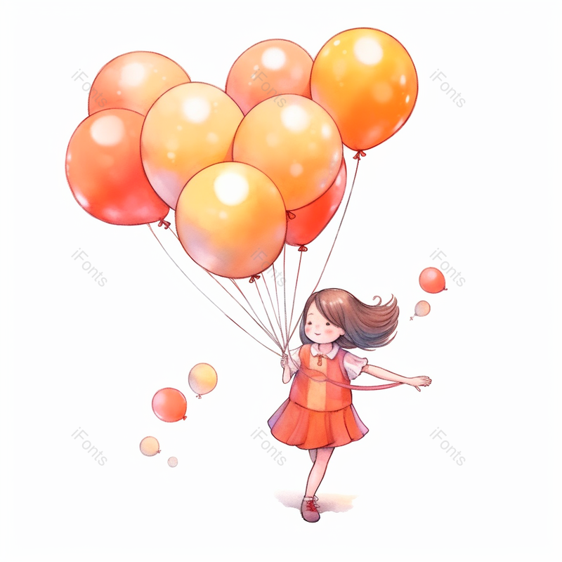 连衣裙一个女孩小孩欢乐跑来右手抓气球飘起来纯洁可爱插画,插画/手绘图,插画/手绘图库,插画/手绘图下载,插画/手绘